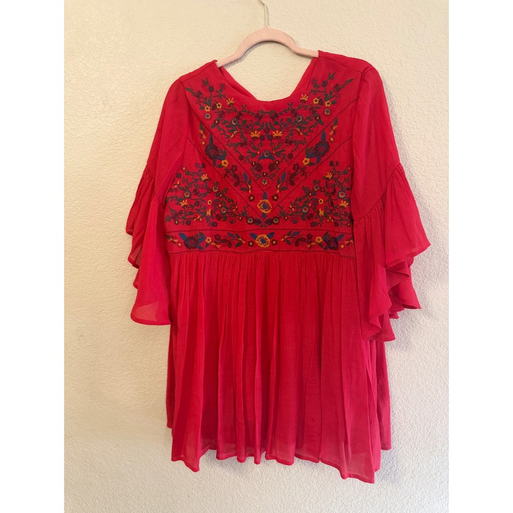 Altar'd State Red Embroidered Boho Tiered Mini Dress Bell Sleeve Medium C0384 - Picture 3 of 10
